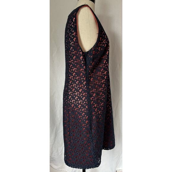 Tahari Petite Navy Overlay Orange Cotton Dress Womens 14P - Picture 2 of 6